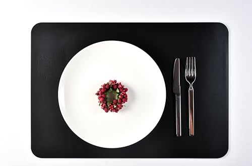 CORIUM® Tovagliette Americane Lavabili Colazione 50x32cm. Set 2 Tovagliette + Sottobicchieri. Sottopiatti colazione eleganti in pelle riciclata lavabili per copertura tavolo (Nero)