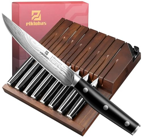 Piklohas Steak Knives Set of 8 with Drawer Organizer Built-in Sharpener, 4.6 Inch Non Serrated Dinner Knife, Forged German Steel Damascus Pattern Straight Edge Meat Knife with Full Tang Handle, Black