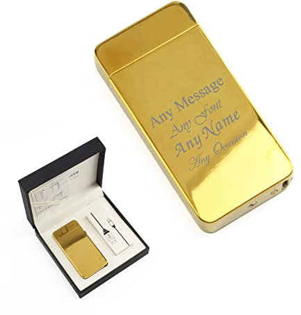 Personalised Engraved Reflective Gold Electric Lighter, Arc Lighter, Comes with Presentation Box, USB Rechargeable, Any Message Design, Gift for Him, Engraved in The UK