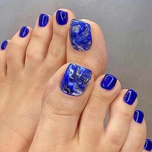 24 Pièces Faux Ongles D'orteil Court Carrés Bleu Brillant Français Faux Pieds Ongles avec Autocollants Adhesif Couverture Complète Ongle Pied Artificiel False Toe Nails pour Femmes et Filles