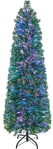 DREAMADE 150 cm Künstlicher Weihnachtsbaum, Schmaler Christbaum mit bunter Beleuchtung, Bleistift Tannenbaum aus PVC, Kunstbaum für Zuhause & Büro & Laden (150 cm)
