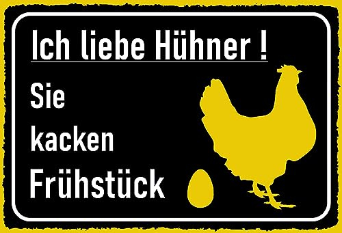 DekoDrom® Blechschild 20x30 cm Ich liebe Hühner sie kacken Frühstück - lustiger Spruch über Eier legen Küche Bar Hotel Buffet Wand Deko