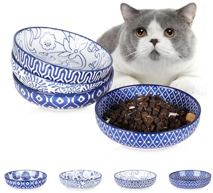 Selamica Katzennapf Flach, 240 ml Futternapf Katze 4er Set, Keramik Katzen Futternapf, Katzenteller, Katzenschüssel für Futter und Wasser, Vintage-Blau