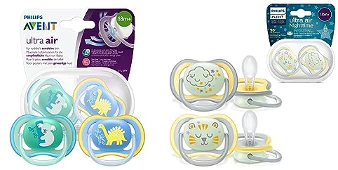 Philips Avent Ultra Air Schnuller (Modell SCF349/11) & Avent Ultra Air Schnuller für die Nacht ab 18 Monat, leuchtet im Dunkeln, Doppelpack, Wolke/Tiger (Modell SCF376/01)