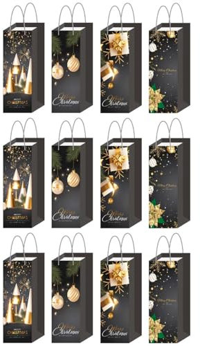 Tradineur - Pack de 12 Bolsas de Papel Decoradas para Botella de Vino, Ref. 17201, Asas de Cuerda, Guardar, Regalar, Envolver champán, Navidad, 36 x 12,5 x 8,5 cm, diseños aleatorios