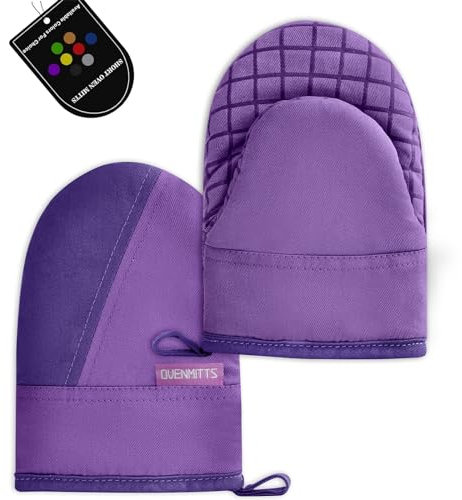 Mini Oven Mitts, Kitchen Oven Gloves Kitchen Mittens 500 Degrees Heat Resistant Baking Gloves, Non-Slip Silicone Surface with Hanging Loops Hot Gloves for Cooking, Baking, BBQ 1 Pair-Purple