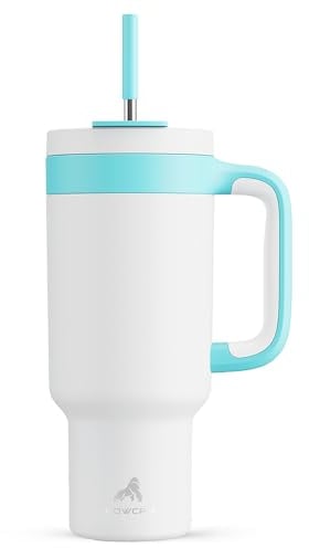 POWCAN Trinkbecher mit Griff, 2-in-1-Strohhalm und Trinkdeckel, auslaufsicher, spülmaschinenfest, isolierter Reise-Kaffeebecher aus Edelstahl, hält 34 Stunden kalt, passt in Auto-Becherhalter