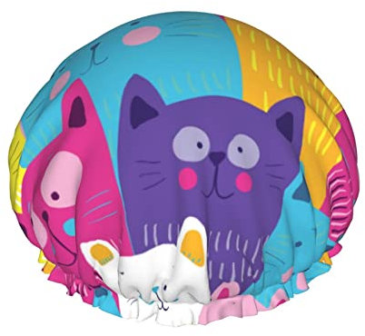 Colorful Cartoon Cat Large Shower Cap For Women Men Reusable Shower Caps Waterproof Shower Cap For Braids & Long Hair Shower Bonnet With Peva Lined&Elastic Band Fashion Showercap