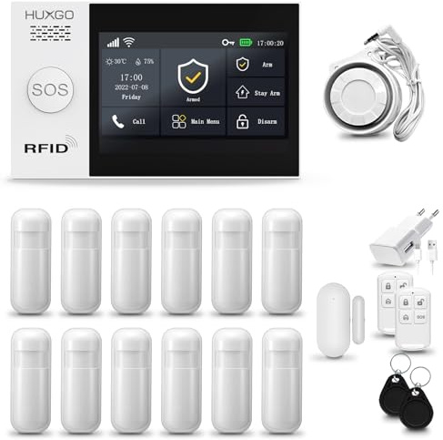HUXGO® HXA007 Sistema di allarme casa senza fili con sirena esterna WiFi + GSM 4G | Antifurto casa kit con 1x sensori di allarme per finestre/portes, 12x rilevatori di movimento | Lavora con TUYA