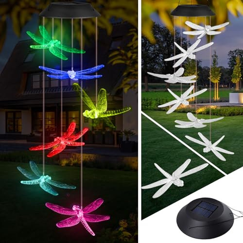 Solar Windspiel für Draußen, Solar Libelle Windspiel Licht, Wasserdicht Windspiele für Garten, Solarbetriebenes Hängend Garten Deko Draußen, Farbwechsel Windspiel Muttertagsgeschenk