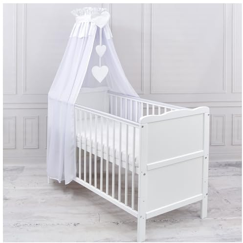 Generisch Baby Delux Babybett Himmel Betthimmel Chiffon Baldachin für Babybett Kinderbett Wiege Stubenwagen Himmelstange Applikationen Herz Deko (Weiß, mit Himmelstange)