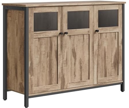 VASAGLE Aramrio de Almacenamiento, Aparador con Puertas de Cristal, para Comedor, Salón, Cocina, Estilo Industrial, Marrón Camello y Negro Tinta LSC099K02