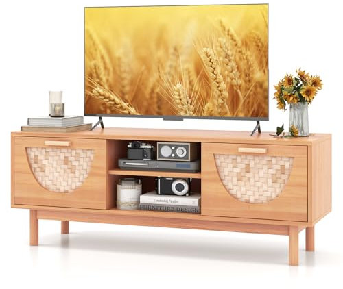 GIANTEX Support TV pour télévision de 55 pouces, meuble TV avec 2 tiroirs et façades en bambou et pieds en bois massif pour salon, chambre