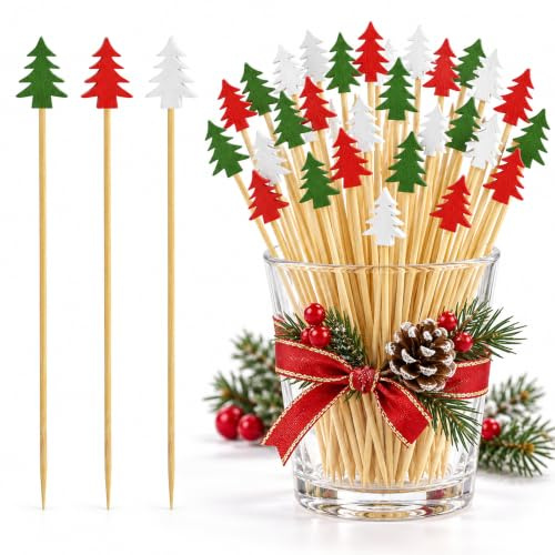 VITEVER Weihnachtsbaum Cocktailspieße, 100 Stück, Bambus, 12 cm | 100 Weihnachtsbaum-Spieße in Rot, Grün und Weiß für Fingerfood, Desserts, Obst und festliche Drinks. Bullet Points