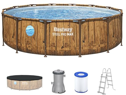 Bestway Steel Pro MAX Frame Pool Komplett-Set, Ø 427 x 107 cm, Holz-Optik, 13.030 Liter, TriTech-Material, Splashview Bullaugen, Filterpumpe, Sicherheitsleiter, Abdeckplane, Kieselmosaik-Boden