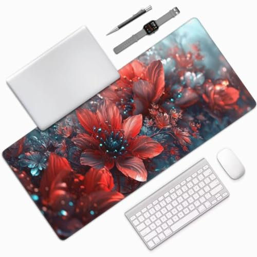 Rot Mauspad XXL Mauspad 600x300 mm Schreibtischunterlage, Wasserdicht Mauspad Blume Mousepad XXL, Gaming Mauspad Groß Verbessert Präzision und Geschwindigkeit, für Gaming Zubehör Zimmer Deko -MU619
