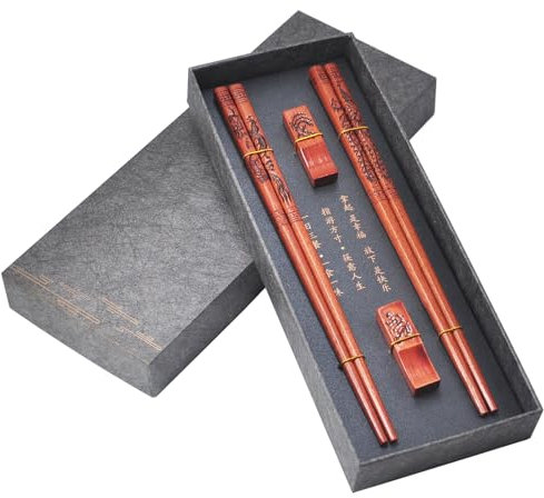 Wooden Chopsticks Reusable with Case, Chinese Chopstick Set with Holder 2 Pair, Dragon and Phoenix Chop sticks Gift Set (Dragon and Phoenix)