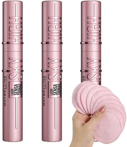 3 x SKY HIGH MASCARA - Volumizing & Lengthening - Shade black 01 - Includes 5 x Bemacar Reusable Eye Make Up Remover Pads