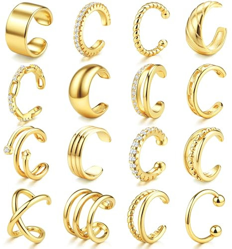 JeweBella Ear Cuff Set Damen 14K Gold Fake Ohrringe Earcuffs Gold/Silber Ohrclips Damen Ohne Ohrlöcher Ohrmanschette Verstellbare Clip Ohrringe Fake Piercing Ohr Knorpel Ohrklemme