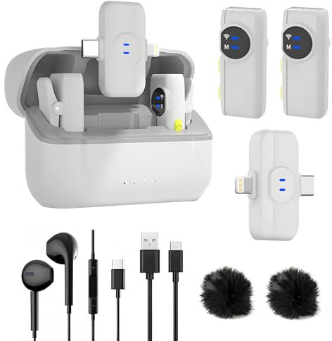 A5-Pro Kabelloses Lavalier-Mikrofon für iPhone, iPad, Android, Mini-Ansteckmikrofon mit Rauschunterdrückung,100 m Reichweite,40 Std. Akku,Mikrofon für Video,YouTube-Weiß (2 TX + 1 RX + Ladekoffer)