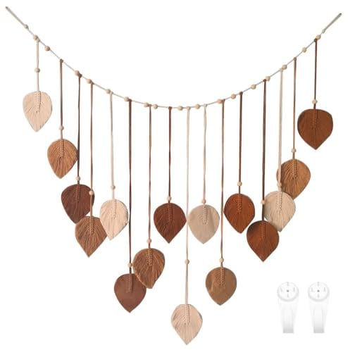BDKMMS Large Macrame Wall Hanging, Leaves Woven Macrame with Wooden Bead Aesthetic Boho Wall Art Decor for Living Room Bedroom Ornament