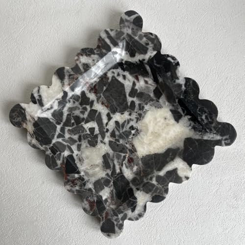 SAIDKOCC Tablett aus natürlichem Marmor, Vintage-Stil, kleine Ornamente, gewellt, handgefertigt, Aufbewahrungsschale für Theke, Schminktisch, Kommode, Nachttisch und Schreibtisch (schwarz, weiß, braun