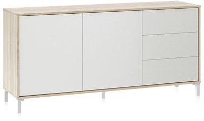 duehome | Aparador 2 Puertas y 3 Cajones, Buffet para Salon, Armario Auxiliar, Modelo Lea, Acabado en Color Roble Canadian y Blanco Artik, Medidas: 154 cm (Ancho) x 74 cm (Alto) x 41 cm (Fondo)