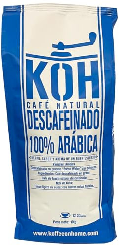KoffeeONHOME Café en Grain Décaféiné à l’Eau – 100% Arabica – Torréfaction Naturelle – 1 kg – Arômes Doux et Équilibrés – Sans Solvants