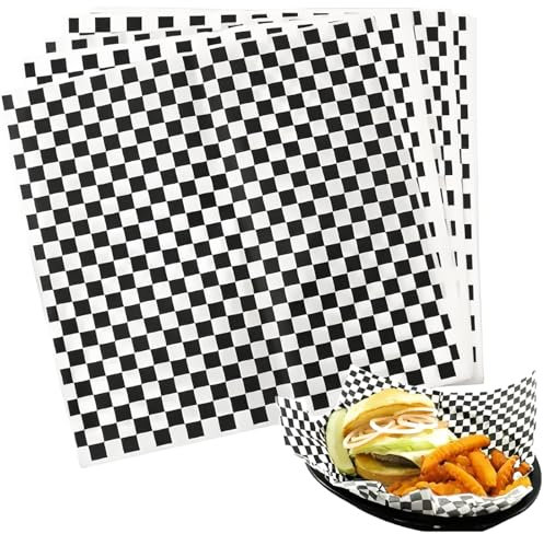100 Blätter Deli Papierblätter, Korbeinlagen öldicht Backpapier Kreise für Burger Sandwich Kuchen Pommes(18x18cm, Schwarz und weiß kariert)