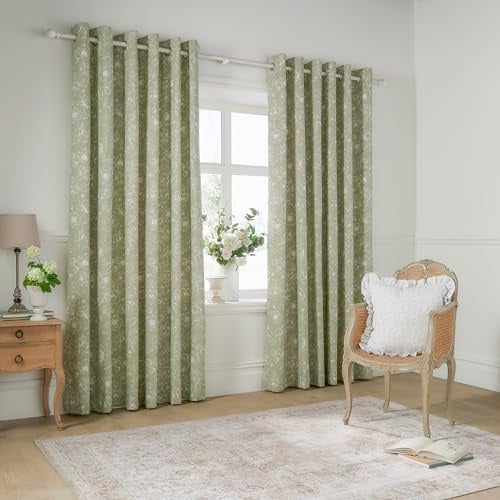 furn. Wylder Bella Eyelet Curtain Pair – 100% Cotton Natural Botanical Floral Lined Drapes (Sage - 229x229cm)