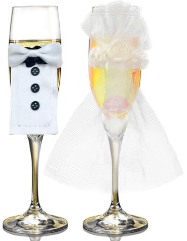 LUMOOM Lot de 4 flûtes à champagne pour mariage avec mariée et marié, décoration de bouteilles de vin, costume de mariage, décoration de table