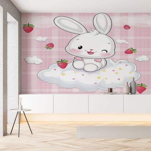 Sobhdga Papier Peint Panoramique Lapin Fraise Nuage Mignon Kawaii 300x210, Style de Dessin Animé Papier Peint Autocollant Amovible Pour Salon Decoration Murale, Rouleau Adhesif pour Meuble