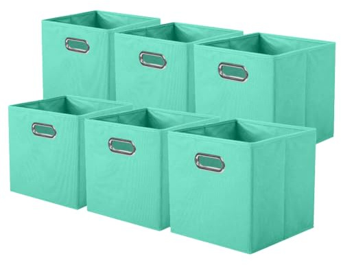powerking Fabric Storage Box Bins, 6 Pack Foldable Cloth Storage Cube Organizer Drawer with Metal Handle For Closet And Toys Storage,Mint Green