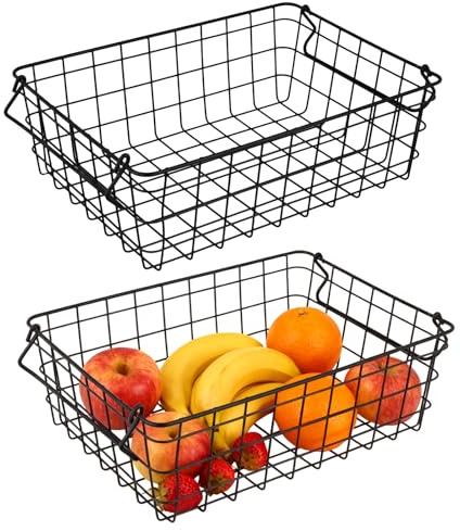 SYUTBOU 2 Stück Drahtkorb Metallkorb, 37 x 26 x 12 cm Schwarz Gitterkorb mit Griffen, Metall Aufbewahrungskorb für Küche Bad, Obst und Gemüse