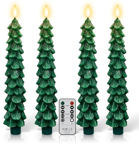 ZLCYFJIXV 4 Pack Flameless Christmas Tree Candles with Remote, 9.8” LED Battery Operated Taper Candles, Green 3D Flickering Candlesticks for Holiday Home Decoration (Green)