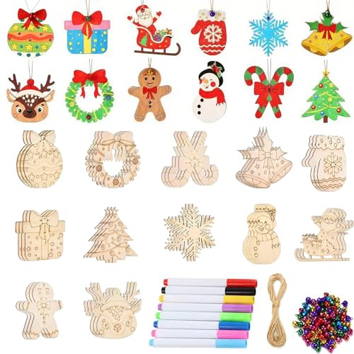 46 Pcs Unfinished Christmas Wooden Tree Decorations, 12 Styles DIY Wooden Christmas Ornaments Snowflake,Snowman,Reindeer with Colorful Bells, Twine, Wood Xmas Hanging Ornament for Crafts Decorations