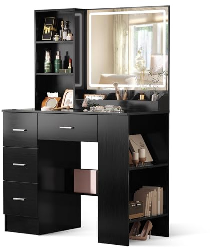 Schminktisch mit Beleuchtung 90 cm Breit, Frisiertisch mit 4 schubladen, 2-stufiger Seitenschrank Als Nachttisch, LED Spiegel mit 3-farbigem Licht, 6 Stauraum, 3in1 Vanity Table Schwarz Dressing Table