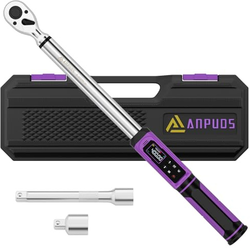 ANPUDS Digitaler Drehmomentschlüssel 1/2 Zoll, 6-400Nm, ±1% Genauigkeit | Elektronischer Drehmomentschlüssel Auto Set with 3/8 to 1/2 Adapter, 125mm Verlängerungsstange für Motorrad & Auto