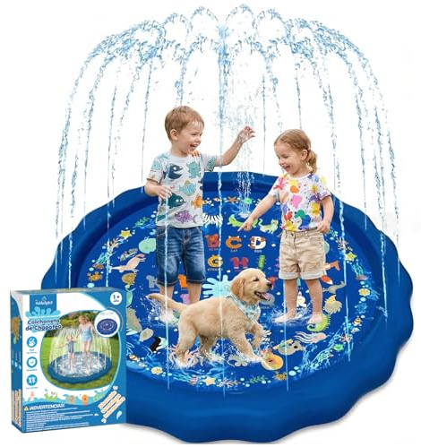KiddoSpace Splash Pad para niños: alfombra acuática antideslizante para exteriores con diseños educativos, divertida actividad de verano en el jardín para bebés y niños, incluye kit de reparación y ta