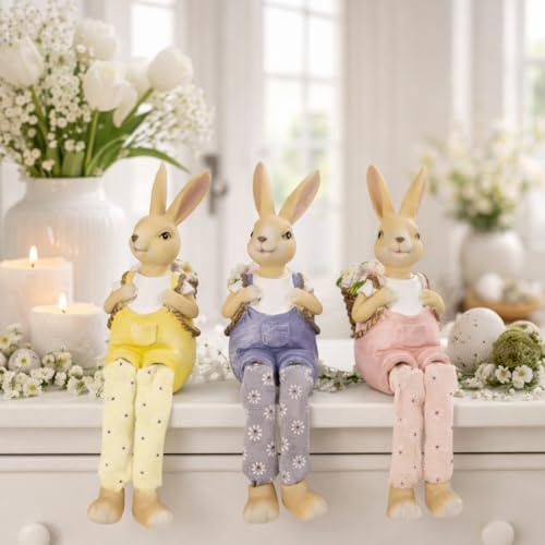 MF Osterhasen Trio Kantensitzer mit Rucksack, 3er Set, Polyresin, Pastellfarben Gelb Rosa Lila, 21 cm Höhe, Schlenkerbeine, Frühlingsdekoration