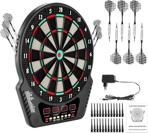 Elektronische Dartscheibe für 1-16 Spieler, E-Dartboards Dartautomat mit 4 LCD-Anzeige und 6 Darts und 24 Pfeilkopf 27 Spiele mit 243 Spieloptionen Profi Elektronik Dartspiel FB6