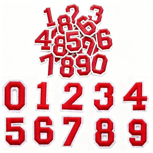 KEJOL 40 Pcs Iron on Numbers for Clothes, Red 0-9 Iron on Numbers Patches, 1.8 Inch Embroidered Patches Number Transfers for Clothes, Dress, Hat, Socks, Jeans, DIY Accessories