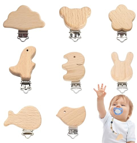 8 Pcs Schnullerclip Holz Schnullerketten Clips Schnullerkette Clip Schnullerkette Holz Speichelbeständig Sichere Materialien Viele Niedliche Designs Exquisites Multifunktionales Praktisches Zubehör