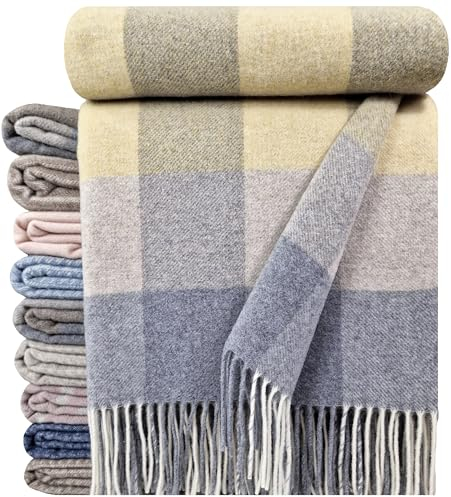 STTS International Kaschmir Decke Wolldecke Wohndecke 100% Wolle - Kaschmir - Mix 140 x 200 cm sehr weiches Plaid Kuscheldecke Faro (Gelb-Grau (Karo))