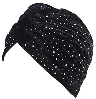 UK_Stone Damen Hijab Kopftuch Chemo Kopfbedeckung aus Samt Arabisch Turban mit Glitzer Dekor Unifarbe für Winter oder Herbst, Schwarz