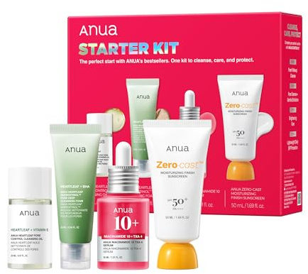 Anua Starter Kit, 4pieces | Cleansing Oil 20ml, Cleansing Foam 25ml, Serum 30ml, Sunscreen 50ml, for Face, Korean Skincare