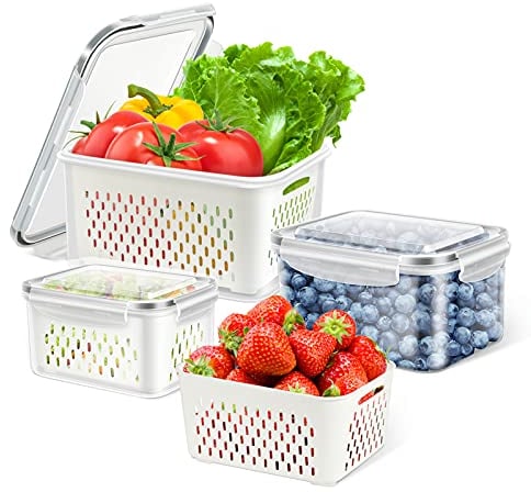 TBMax Airtight Food Storage Containers for Fridge, Stackable Refrigerator Organizer Bins3 Pack, Reusable Vegetable Fruit Storage Containers with Lids, Drain Baskets