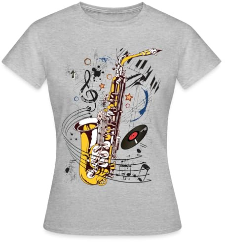 Spreadshirt Colourful Saxophone, Vinyl and Musical Notes Women's T-Shirt, S, Heather Grey