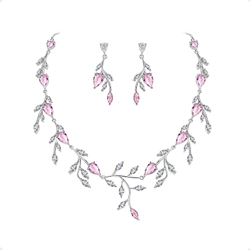 EVER FAITH Teardrop Hochzeit Schmuckset für Braut Party Zirkonia Halskette Ohrringe Set Rosa Silber-Tone