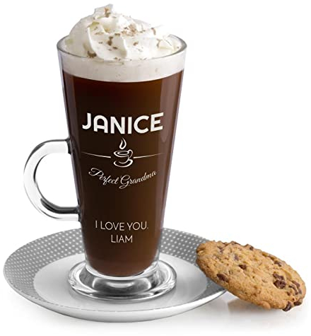 Maverton Coffee Mug for Woman - Personalised Latte Glass for Lady - Cup for Hot Beverages - Engraved Glass for Birthday - Glassware for Coffee Lover - Kitchen Accessory - Name